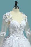 A Line V Neck Long Sleeves Wedding Dresses Tulle With