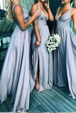 Elegant A Line V Neck Blue Straps Bridesmaid Dresses, Wedding Party STA15641