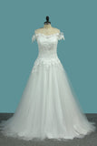 A Line Tulle Off The Shoulder Wedding Dresses With Applique Sweep