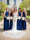 Charming Halter Neck Blue Pleated Long Bridesmaid Dresses, Wedding Party Dresses STA15099