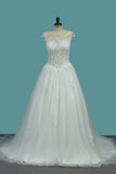 A Line Tulle Scoop Wedding Dresses With Applique Sweep