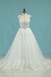 A Line Open Back V Neck Wedding Dresses Tulle With Applique And Beading Chapel