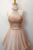 A Line/Princess Halter Homecoming Dresses Chiffon Beaded Bodice Two