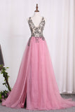 New Arrival A Line Tulle Straps Prom Dresses With Beading And