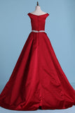 New Prom Dress A Line Boat Neckline Court Train Satin