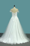 A Line Tulle Off The Shoulder Wedding Dresses With Applique Sweep