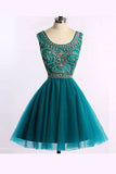 Green Scoop Sleeveless Open Back Beading Short Homecoming Dresses