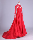 New Arrival Elegant Taffeta Applique Long Sleeve Empire Prom Gowns Evening Dresses