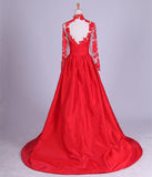 New Arrival Elegant Taffeta Applique Long Sleeve Empire Prom Gowns Evening Dresses