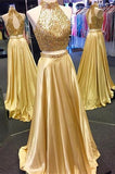 New Arrival Gold Two Pieces High Neck Pretty Sparkly Evening Party Prom Dress