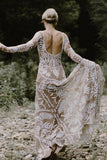 Unique Long Sleeves V Back Boho Beach Rustic Lace Wedding Dresses