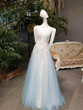 New Arrival A-Line High Neck Tulle Prom Dresses Floor Length Lace Up