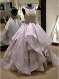 Floor Length Long Beading Tulle Open Back Prom Dresses Princess