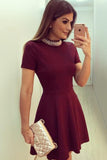 Burgundy Short Sleeve Beading Neck Keyhole Back Short Homecoming Dresses