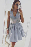 A Line Deep V Neck Sleeveless Appliques Short Homecoming Dresses