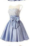 Fashion A-line Scoop Short Taffeta Blue Homecoming/Bridesmaid Dress With Bowknot