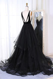 New Arrival A-Line V-Neck Black Velvet Up Tulle Backless Sleeveless Long Prom Dresses