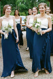 A-Line Spaghetti Straps Dark Blue Chiffon Bridesmaid Dresses With Ruffles Sweetheart