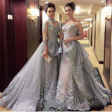 High Neck A-line Long Sleeve Tulle Appliques Sweep Train Long Prom Dresses