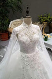 Classical Floor Length Wedding Dresses High Neck Tulle Lace Up With Sequins Appliques Long Shoulder