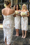 Unique Mermaid Off the Shoulder Ivory Lace Sweetheart Bridesmaid Dresses with Slit STA15540