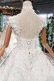 New Wedding Dresses Short Sleeves Ball Gown Lace Up Back With