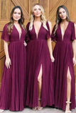 Simple Deep V Neck Short Sleeve Side Slit Long Bridesmaid Dresses With