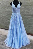 A Line V Neck Long Blue Lace Appliques Prom Dresses, Formal Bridesmaid Dresses STA15042