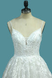 A Line Lace Wedding Dresses Spaghetti Straps With Beads Sweep