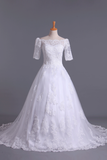 New Arrival Wedding Dresses Boat Neck Short Sleeves Chapel Train With Applique