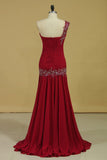 Burgundy/Maroon High Quality Prom Dresses Mermaid Sweetheart One Shoulder Chiffon Ruffled