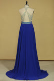 Sexy Open Back Halter Beaded Bodice A Line Chiffon Sweep Train Prom