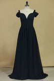 New Arrival Straps A Line Chiffon Prom Dress Sweep Train With Slit And Ruffles