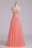 New Arrival Strapless A Line Prom Dresses Tulle With Applique