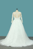 A Line Tulle V Neck Long Sleeves Wedding Dresses With Applique And Beads Sweep