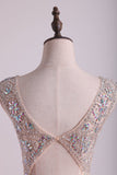 V Neck Beaded Bodice Open Back Prom Dresses Column Spandex Sweep