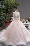 New Arrival Pink Wedding Dresses Lace Up Long Sleeves With Appliques And Beading Lace