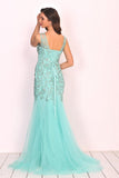 New Arrival V Neck Tulle With Applique And Beads Mermaid Prom