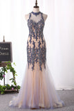 New Arrival High Neck Mermaid Prom Dresses Tulle With Applique And