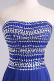 A Line Short/Mini Strapless Dark Royal Blue Chiffon Homecoming Dresses With Rhinestone