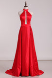 New Arrival Halter A Line Evening Dresses Satin Sweep STAPXRSZSBM