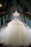 New Arrival Tulle Awesome Scoop Neck Wedding Dresses Lace Up With Appliques And