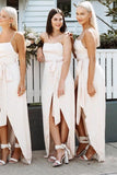 A Line Chiffon Spaghetti Straps Blush Pink Bridesmaid Dresses with Split, Long Prom Dress STA15486