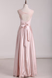 Open Back Scoop A Line Bridesmaid Dresses Satin & Lace Floor Length