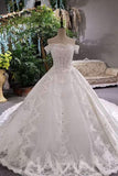 Luxurious Satin Wedding Dresses Lace Up Boat Neck With Appliques And