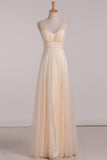 Tulle V Neck Bridesmaid Dresses A Line With Ruffles Floor