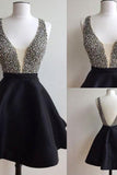 Black Satin Homecoming Dresses Straps A-Line Zipper Up Deep