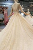 Lace Wedding Dresses Scoop 3/4 Sleeves Lace Up Back Royal