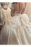 Bow Knot Wedding Dresses V Neck Short Sleeve A Line Satin With Applique Court