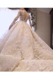 Luxurious Long Sleeves Scoop A Line Lace Wedding Dresses With Pearls Royal